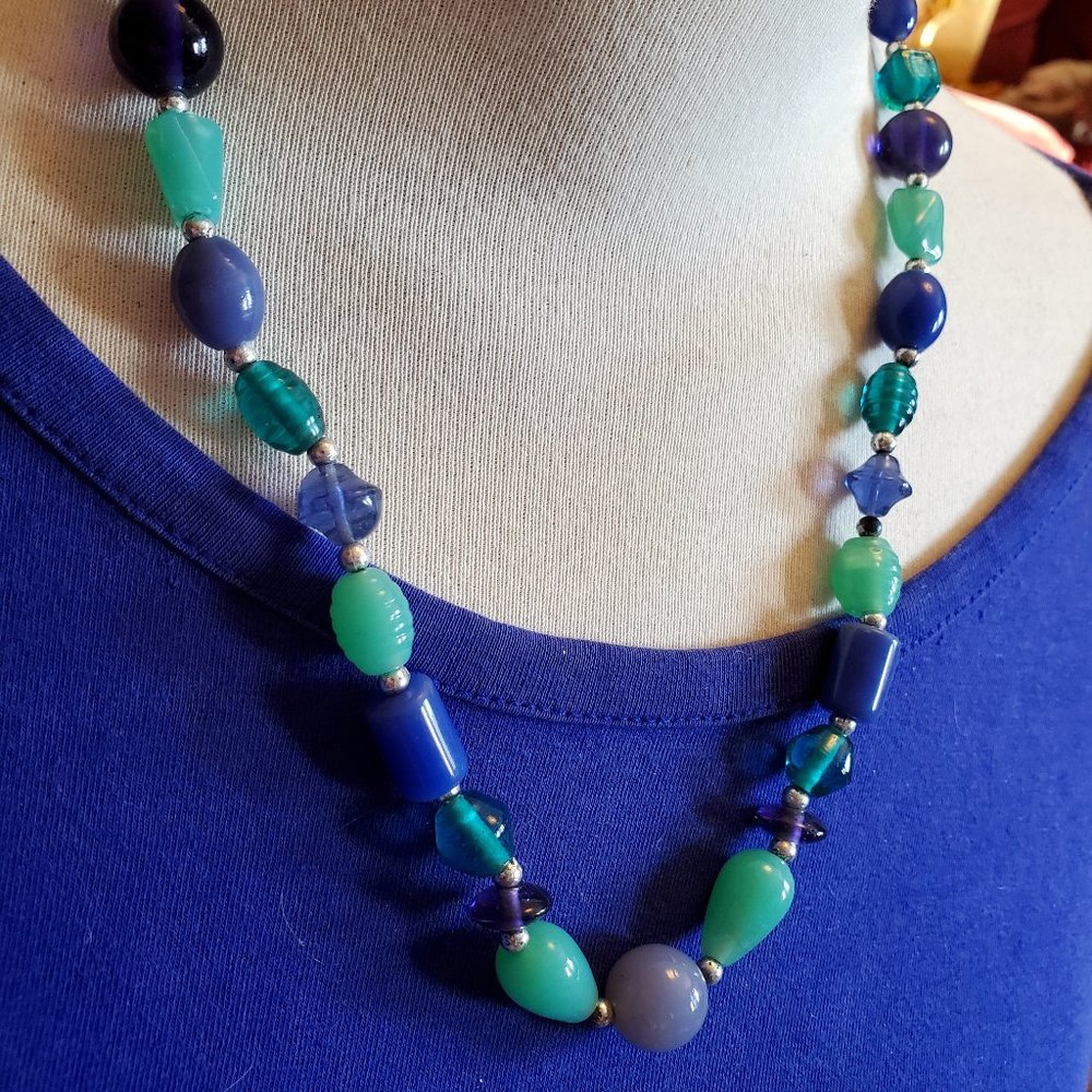 20" Silver Tone Blue Glass Bead Strand Necklace Handmade Artisan Fashion Design